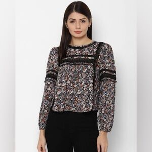 American Eagle Black Floral Lace Trim Long Sleeve Open Back Tie Blouse